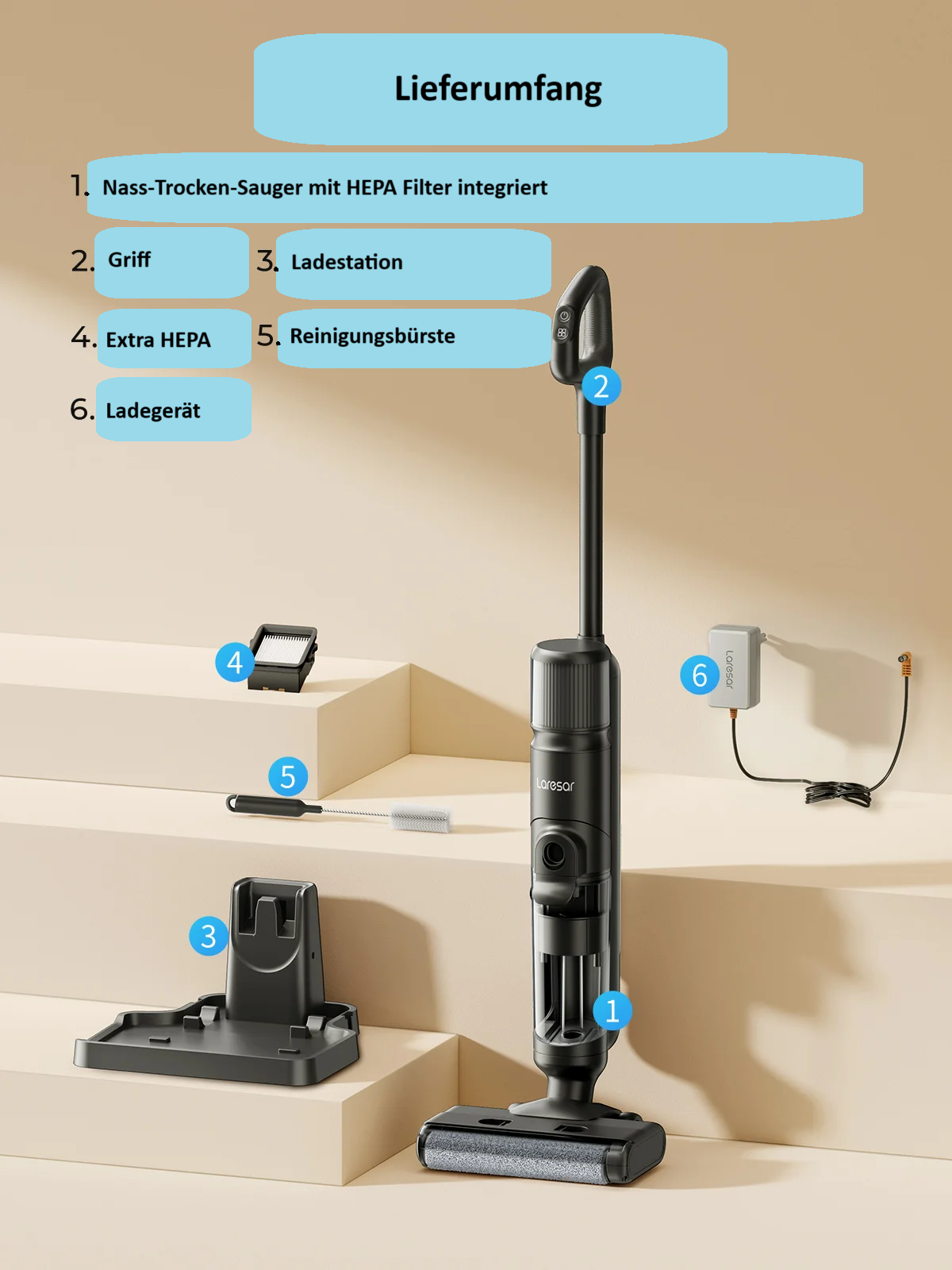 Nass-Trocken-Staubsauger Laresar M3 13 kPA 250W kabelloser All-in-One Staubsauger und Mopp