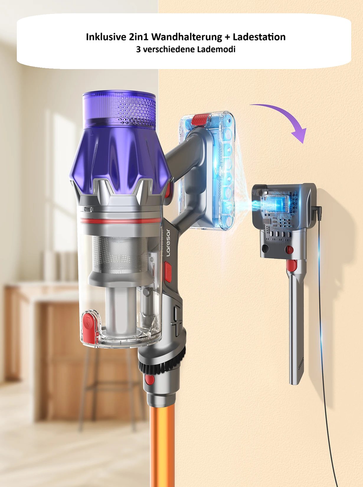 Kabelloser+Beutelloser Akkustaubsauger Laresar V7 500W 50KPA mit Wandhalterung